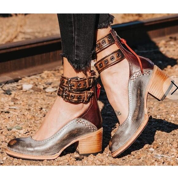 Freebird by Steven Candella Gray Brown Multi Booties Shoes Heel Women's Size 12 - Picture 1 of 11